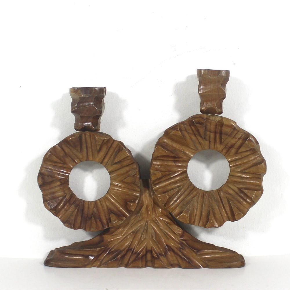 Spanish Brutalist Carved Olive Wood Candelabra, Vintage Two Arm Handmade Wooden